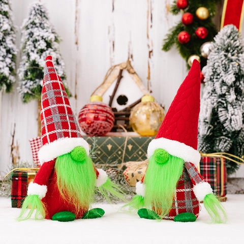 Bambole Gnomo Di Natale Con Barba Verde E Cappello In Maglia Scozzese Rossa Ornamenti Tomte Senza Volto Per Decorazione Tavola Di Casa
