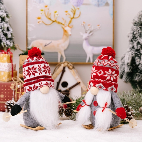 Christmas Gnome Ornaments Skiing Tomte Plush Handmade Knit Hat Felt Wooden Skis Desktop Decoration Holiday Winter Decor