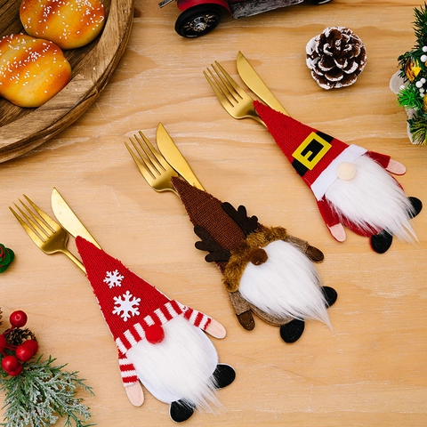 Portacubiertos de Gnomo de Navidad Bolsas de Cubiertos de Punto Papá Noel Reno Copo de Nieve Decoración para Mesa de Fiesta