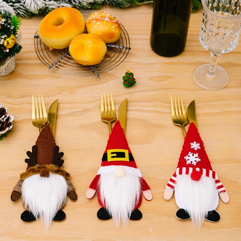 Portacubiertos de Gnomo de Navidad Bolsas de Cubiertos de Punto Papá Noel Reno Copo de Nieve Decoración para Mesa de Fiesta