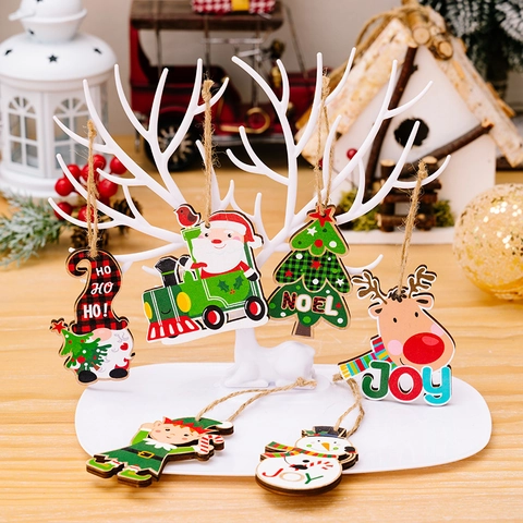 Cartoon Wooden Christmas Hanging Ornaments Santa Claus Snowman Reindeer Tree Elf Pattern Decorative Holiday Party Hanging Decor