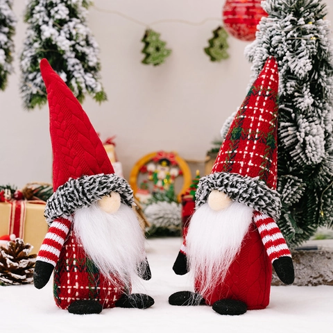 Weihnachten Gnom Gesichtlose Plüschpuppe Ornamente Mit Kariertem Spitzhut Langem Bart Strickstoff Rot Skandinavischer Stil Weihnachten Deko Geschenke