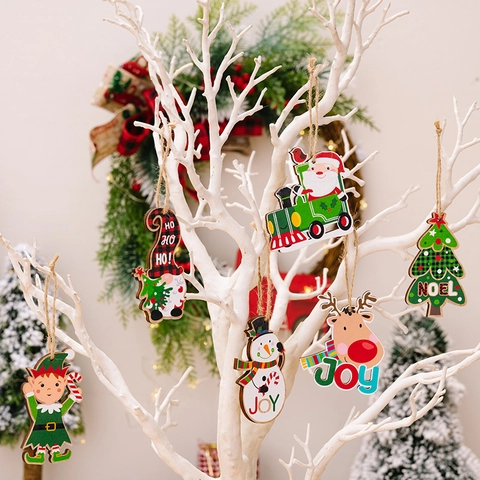 Cartoon Wooden Christmas Hanging Ornaments Santa Claus Snowman Reindeer Tree Elf Pattern Decorative Holiday Party Hanging Decor