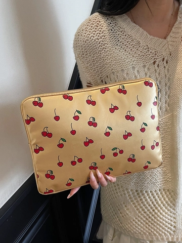 Cute Cherry Print Laptop Sleeve Bag For Women PU Leather Metallic Texture Protective Case With Double Zipper Fresh Style Laptop Bag