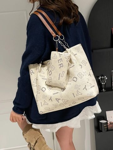 Juego de Bolso Tote de Gran Capacidad Con Estampado de Letras Bolso de Hombro de Cuero PU Vintage Con Cadena Y Pochette para Mujer