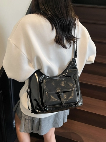 Damen Hobo Tasche Aus Glänzendem PU Lackleder Große Kapazität Vordere Klappentasche Verstellbarer Schultergurt Retro Pendler Stil