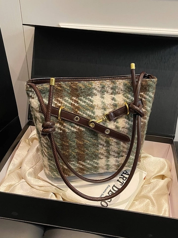 Vintage Women Bucket Shoulder Bag PU Leather Tweed Plaid Crossbody Bag With Knot Strap Metal Buckle Retro Everyday Handbag