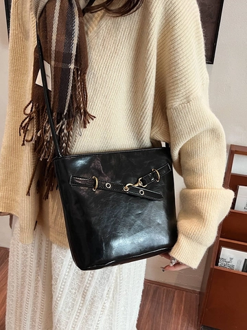 Vintage Women Bucket Shoulder Bag PU Leather Tweed Plaid Crossbody Bag With Knot Strap Metal Buckle Retro Everyday Handbag