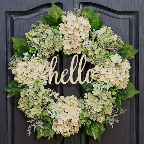 Artificial Hydrangea Wreath Wood Hello Sign Satin Plastic Flowers Green Leaves Rattan Base Front Door Farmhouse Decor
