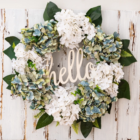 Artificial Hydrangea Wreath Wood Hello Sign Satin Plastic Flowers Green Leaves Rattan Base Front Door Farmhouse Decor
