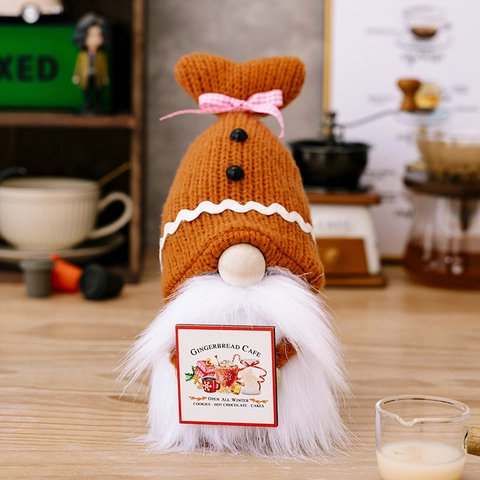 Gingerbread Gnome Christmas Decoration Knitted Hat Holding Cafe Sign Plaid Bow Long White Beard Holiday Home Ornament