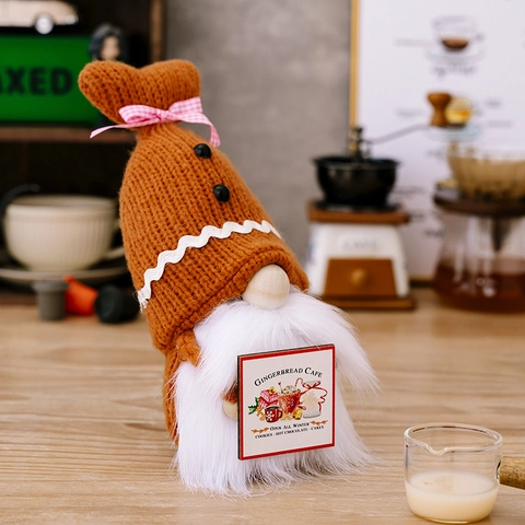 Gingerbread Gnome Christmas Decoration Knitted Hat Holding Cafe Sign Plaid Bow Long White Beard Holiday Home Ornament