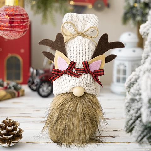 Christmas Reindeer Gnome Decoration Knitted Antler Tomte Plush Doll Festive Desktop Ornament Faux Fur Beard Handmade