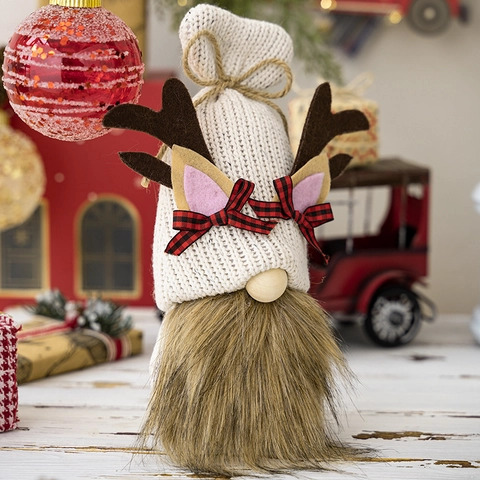 Christmas Reindeer Gnome Decoration Knitted Antler Tomte Plush Doll Festive Desktop Ornament Faux Fur Beard Handmade