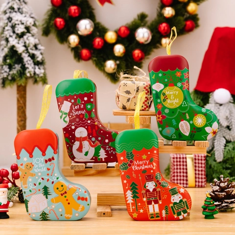Christmas Sock Shaped Tinplate Gift Box Candy Jar Hanging Ornament Nutcracker Snowman Gingerbread Man Patterns Holiday Decoration
