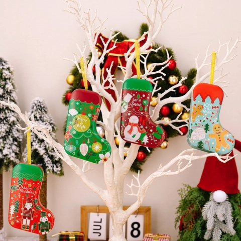 Christmas Sock Shaped Tinplate Gift Box Candy Jar Hanging Ornament Nutcracker Snowman Gingerbread Man Patterns Holiday Decoration