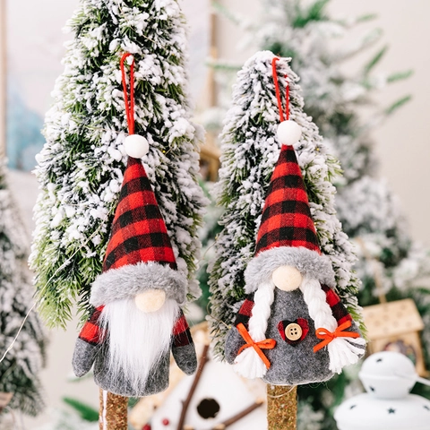 Gnomo Decorazioni Natalizie Con Luce LED Cappello a Quadri Rossi e Neri Scandinavo Tomte Peluche Appeso Natale Decor