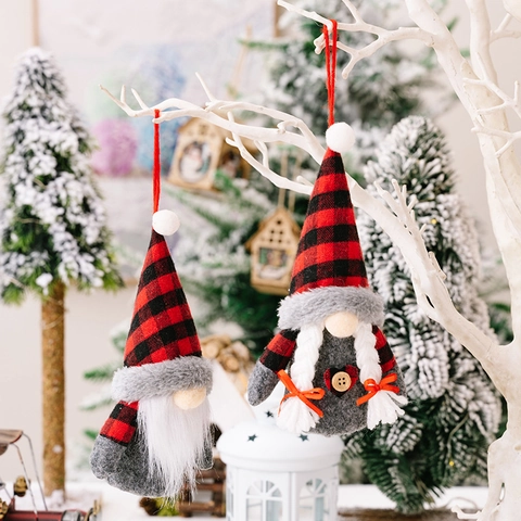 Gnomo Decorazioni Natalizie Con Luce LED Cappello a Quadri Rossi e Neri Scandinavo Tomte Peluche Appeso Natale Decor