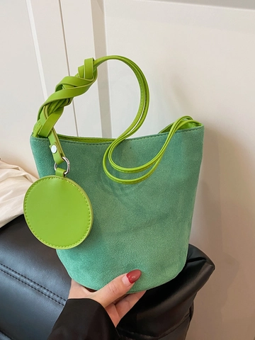 Women's PU Suede Texture Bucket Bag Minimalist Shoulder Bag With Round Pendant Braided Strap Daily Fashion Solid Handbag
