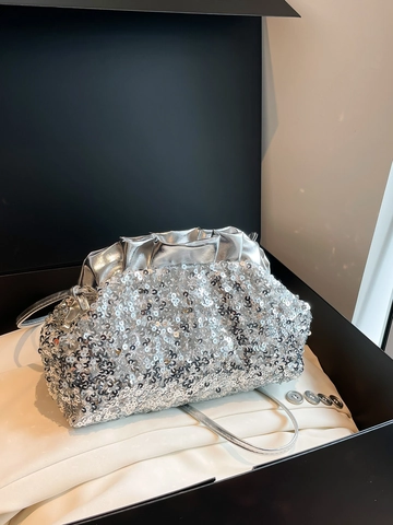 Borsa a Mano Vintage con Paillettes da Donna Nuvola Plissettata Pochette da Sera Tracolla Oro Argento Rosa Nero Festa Matrimonio