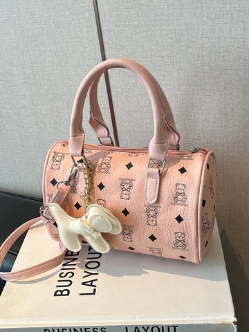 Women Fashion PU Leather Boston Bag Cute Cartoon Bear Print Handbag With Puppy Charm Small Monogram Shoulder Bag Satchel