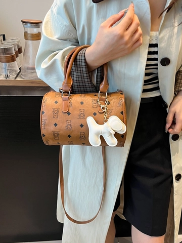 Women Fashion PU Leather Boston Bag Cute Cartoon Bear Print Handbag With Puppy Charm Small Monogram Shoulder Bag Satchel