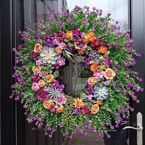 Easter Spring Summer Wreath Artificial Flower Door Hanging Decoration Rustic Farmhouse Wreath With Cross Burlap Bow Ornament