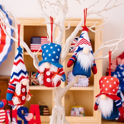 Independence Day LED Gnome Plush Hanging Decor Patriotic Star Stripe Knitted Gnome Doll Ornament For July 4th Party Home