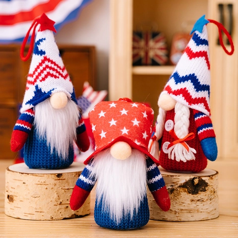 Independence Day LED Gnome Plush Hanging Decor Patriotic Star Stripe Knitted Gnome Doll Ornament For July 4th Party Home