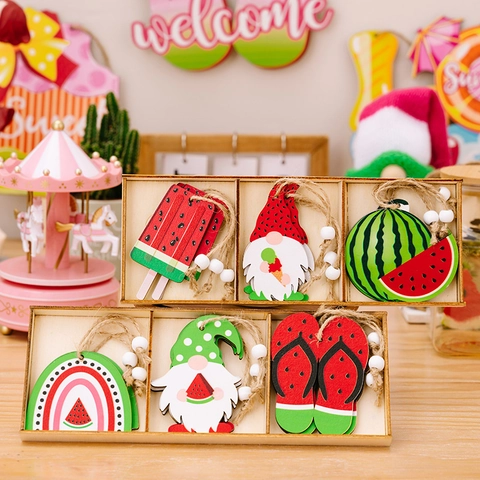 Summer Watermelon Wooden Hanging Ornaments Gnome Flip Flops Rainbow Wood Pendants With Jute Rope For Party Home Decor