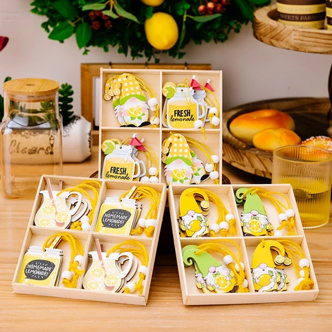 Sommer Zitrone Thema Holz Hänge Dekorationen Gnom Frucht Limonade Holzornamente Bauernhaus Rustikal Dekor Abgestufte Tablett Kollektion