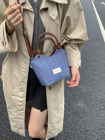 Bolso Cubo De Mezclilla Y Cuero PU Color En Contraste Bolso De Hombro Cruzado Chic Casual Moda Versátil Mujer Diario