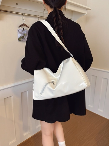 Sac à Épaule Femme Mode Grande Capacité en Cuir PU Brillant Urbain Simple Tote Sac Oreiller Avec Poche Zippée Avant