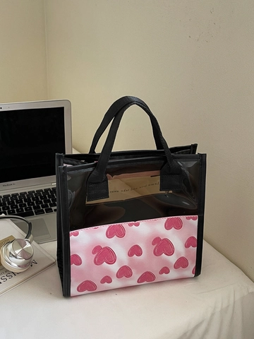 Women Casual Heart Print Semi Transparent PVC Tote Bag Fashion Large Capacity PU Shoulder Handbag With Zipper