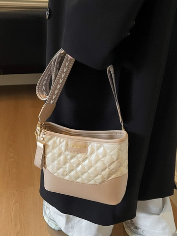 Quilted Rhombus Shoulder Bag PU Leather Wide Patterned Strap Crossbody Handbag Women Daily Casual Style