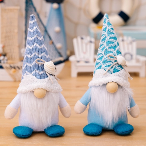 Ocean Gnome Plush Doll With Knitted Hat Shell Decor Nautical Summer Faceless Rudolph Ornament Home Desktop Tabletop