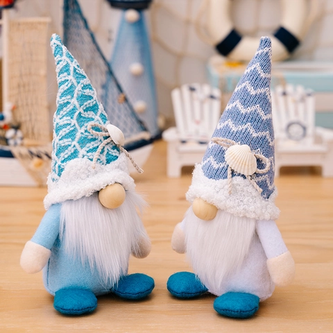 Ocean Gnome Plush Doll With Knitted Hat Shell Decor Nautical Summer Faceless Rudolph Ornament Home Desktop Tabletop