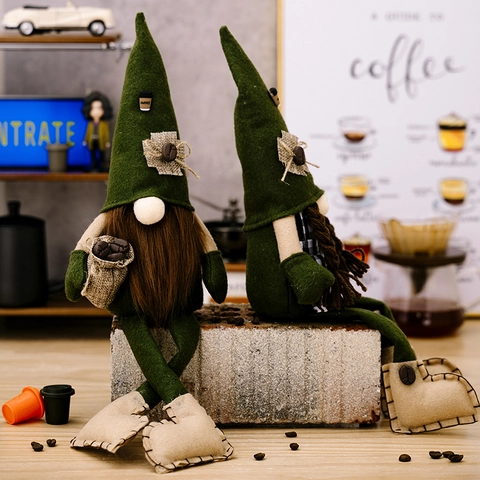 Coffee Theme Gnome Plush Doll Scandinavian Faceless Rudolph Decoration Green Pointed Hat Forest Style Home Bar Ornament