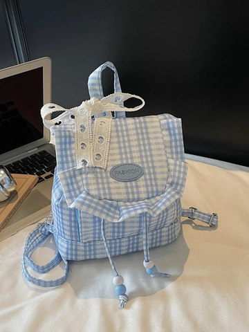 Mini Mochila Gingham Encaje Lazo Volante Lona Bolso De Hombro Pequeño Para Mujer Estilo Preppy Dulce