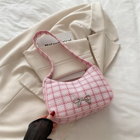 Vintage Tweed Plaid Okseltas Voor Dames Metalen Strik Decoratie Koreaanse Elegante Schoudertas Stijlvolle Handtas Dames Portemonnee