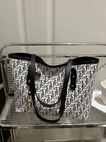 Große Kapazität Tote Bag PU Leder Monogramm Print Metall Buchstaben Anhänger Reißverschluss Retro Schultertasche Für Damen Büro