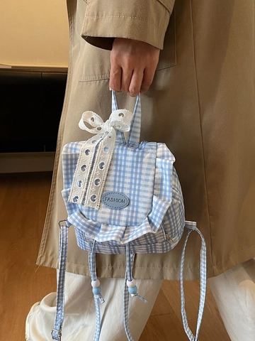 Mini Mochila Gingham Encaje Lazo Volante Lona Bolso De Hombro Pequeño Para Mujer Estilo Preppy Dulce