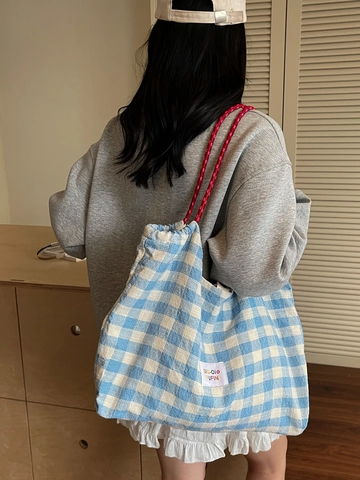 Large Gingham Tote Bag Checkerboard Cloth Shoulder Bag With Rope Handle Casual Versatile Handbag For Women