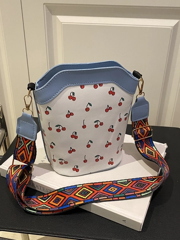 Women Cherry Print Bucket Bag PU Leather Crossbody Bag With Ethnic Geometric Wide Strap Small Shoulder Bag For Casual Travel