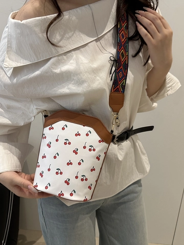 Women Cherry Print Bucket Bag PU Leather Crossbody Bag With Ethnic Geometric Wide Strap Small Shoulder Bag For Casual Travel