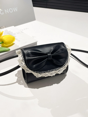 Women Sweet Bow Lace Trim PU Leather Mini Shoulder Crossbody Bag Fashion Lolita Style Small Square Flap Bag Party Handbag