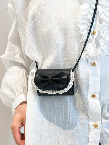 Women Sweet Bow Lace Trim PU Leather Mini Shoulder Crossbody Bag Fashion Lolita Style Small Square Flap Bag Party Handbag