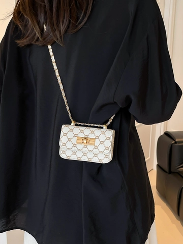 Women Retro Monogram Small Square Bag Vintage Chain Shoulder Bag PU Leather Crossbody Bag Gold Metal Lock Fashion Commuting Purse