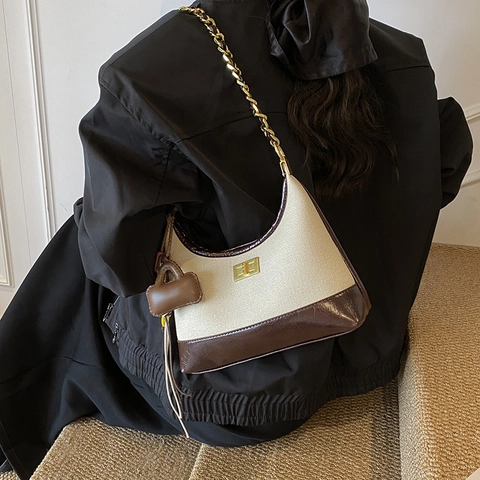 Borsa Hobo In Tela E Pelle PU Patchwork Vintage Da Donna Con Tracolla A Catena Dorata E Ciondoli Rimovibili Borsa Elegante
