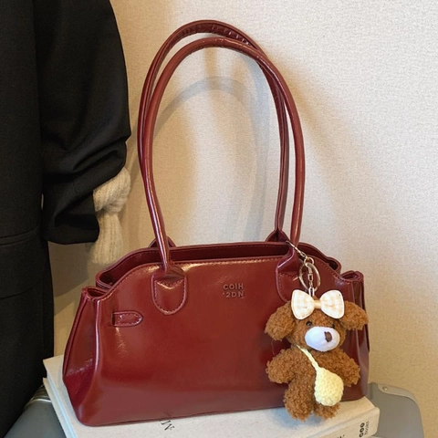 Vintage PU Leather Shoulder Bag For Women Glossy Letter Embossed Underarm Pillow Bag With Bear Pendant Chic Casual Bag